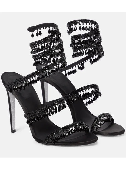 2024Women's New Water Diamond Sandals Fashion Tassel Crystal Shoes Sexy Banquet Party Twin Stiletto Women's Large Sandals