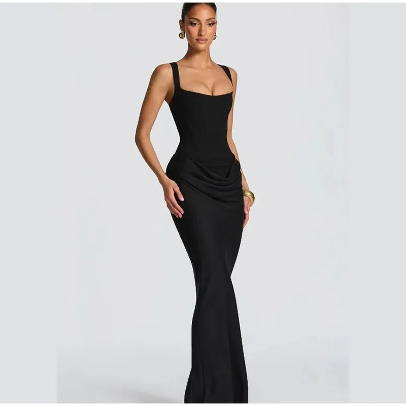 Women Sexy Square-neck Halter Mini Dress 2025 Pleated Sleeveless Backless High Waist Bodycon Dresses New Summer Lady Party Robes