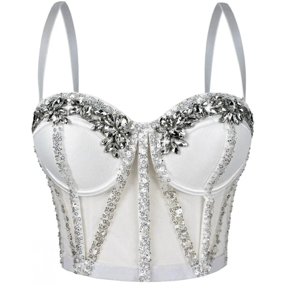Rhinestones Female Corset Top Women Camis Nightclub Pearls Short Chest Binder Sexy Camisole Mujer Lingerie Tube Bra Debardeur