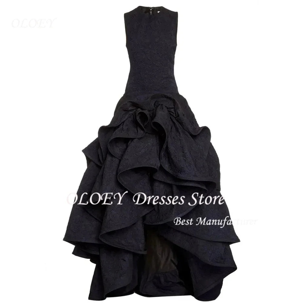 OLOEY Black Embossed Fabric Sleeveless Evening Dress Tiered Irregular Prom Women Customized Party فساتين سهرة