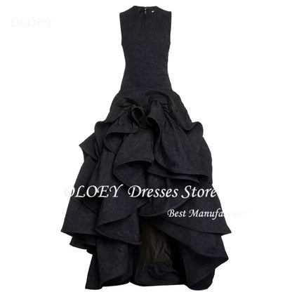 OLOEY Black Embossed Fabric Sleeveless Evening Dress Tiered Irregular Prom Women Customized Party فساتين سهرة