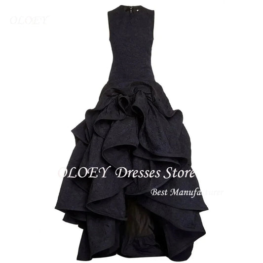 OLOEY Black Embossed Fabric Sleeveless Evening Dress Tiered Irregular Prom Women Customized Party فساتين سهرة