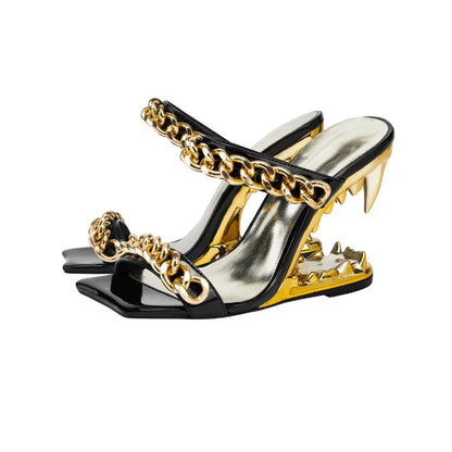 2026 Big Gold Chain Peep Toe Tiger Teeth Heel Sandals 2024 New Fashion Silvery Beach Party Outdoors Women's Slippers Size 35-43