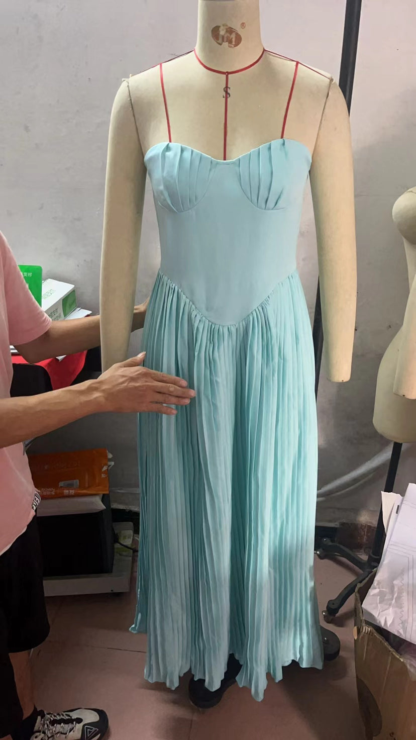 Blue Strapless Pleated Dress