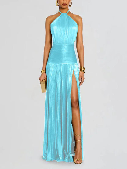 Pleated Halter Split Dress