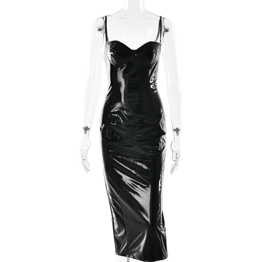 Fashionable Women's Dress Waist-cinching Bodycon Evening Gown- PU Leather sexy maxi Club Party Long Dress