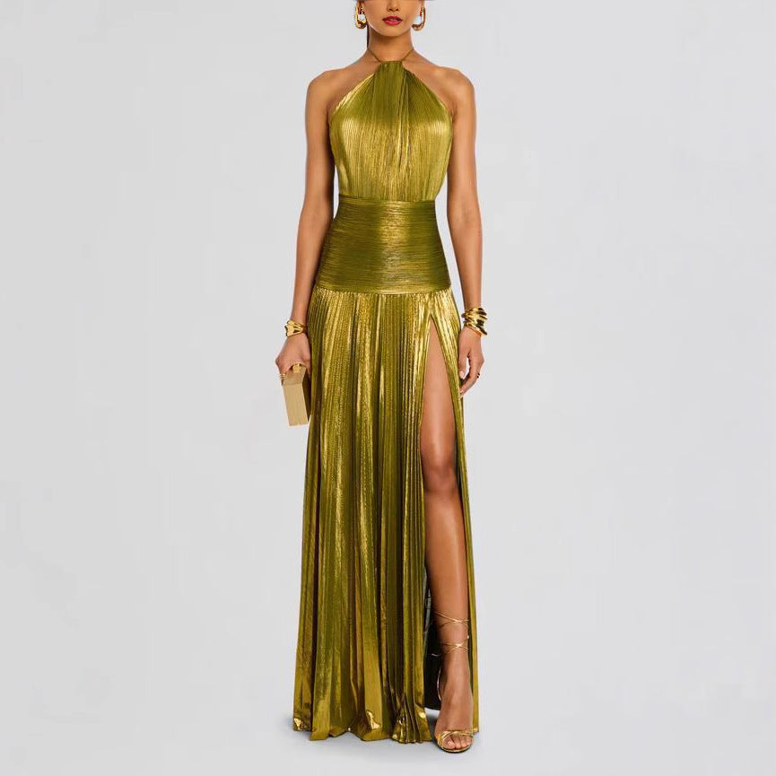 Pleated Halter Split Dress