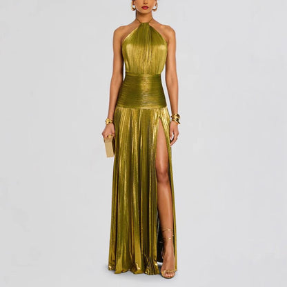 Pleated Halter Split Dress