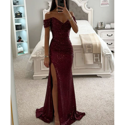 Sequin Off-Neck Split Dress