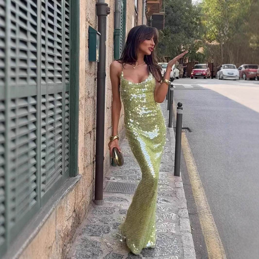 Sequined Backless Sling Dress