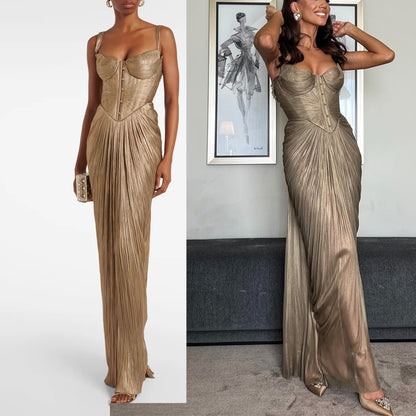 European And American Pleated Gold-stamped Lace-up Dress