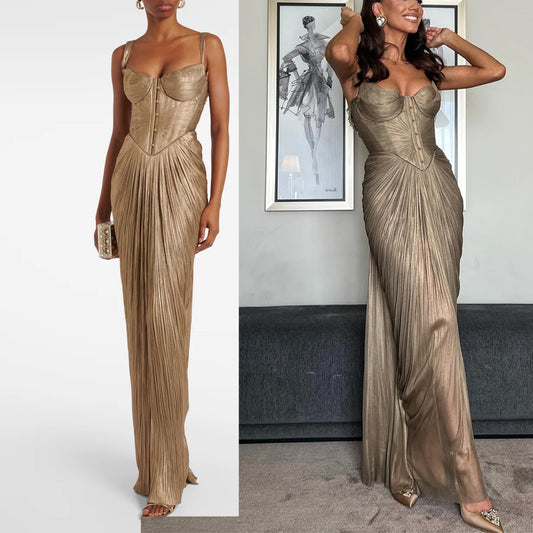 European And American Pleated Gold-stamped Lace-up Dress