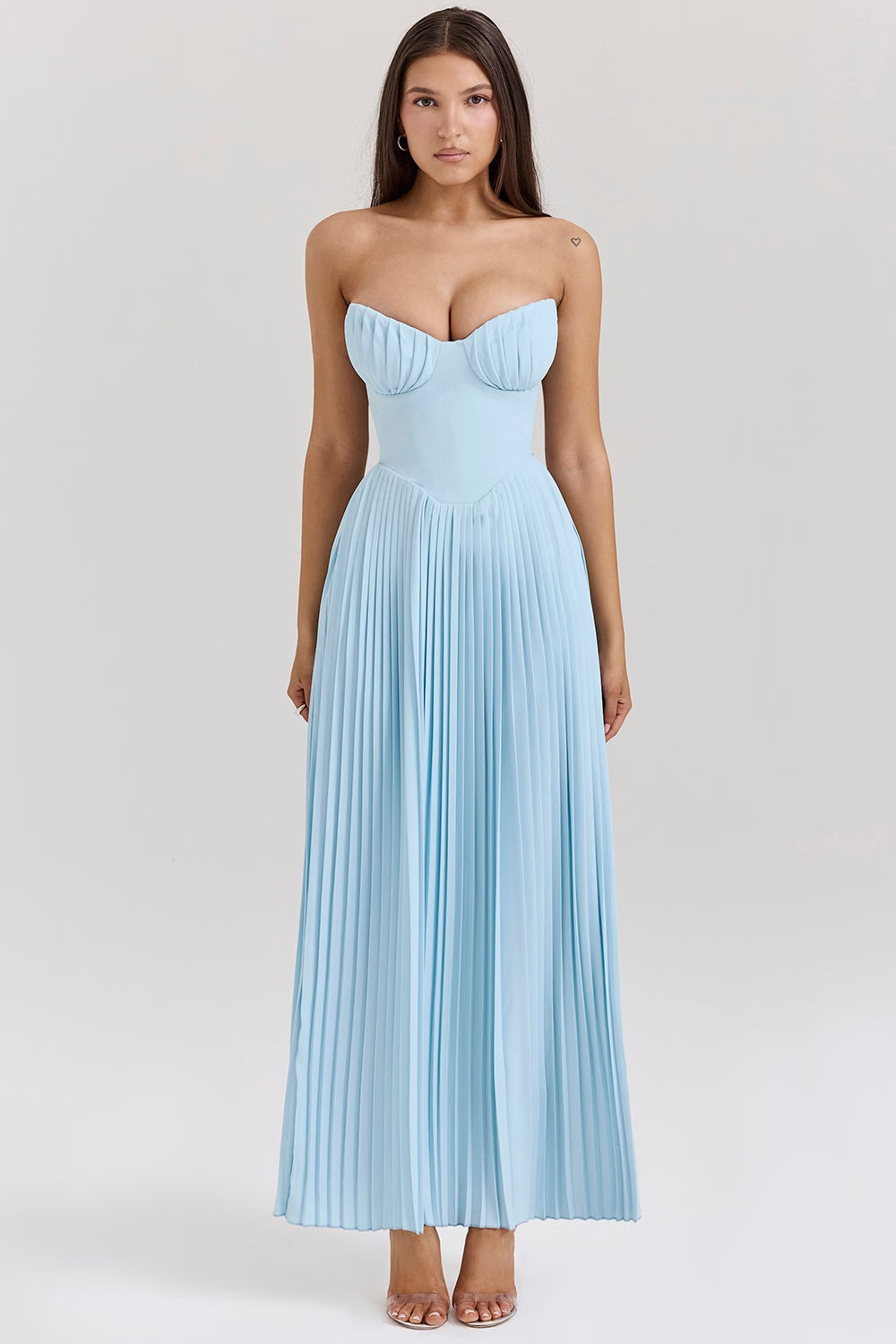 Blue Strapless Pleated Dress