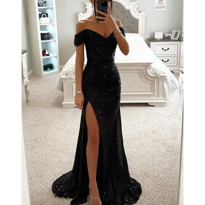 Sequin Off-Neck Split Dress