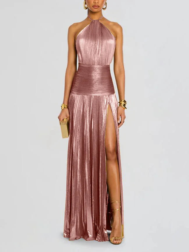Pleated Halter Split Dress